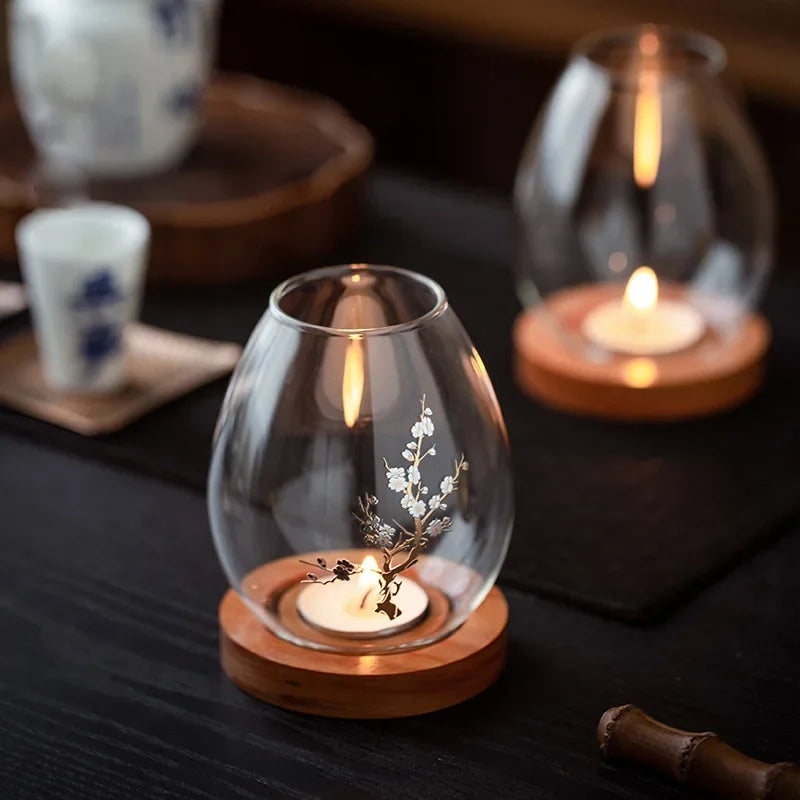Transparent Glass Candlestick Chinese Decoration Romantic Candlelight Dinner Zen Retro Home Windproof Candle Cover Oasis Select