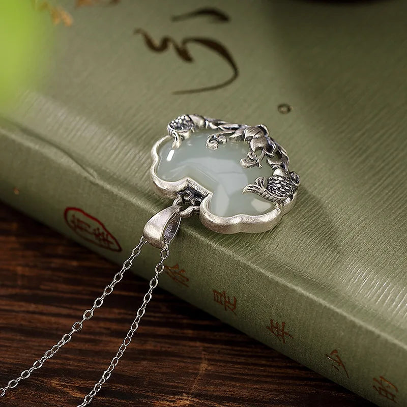 Cloud Pendant Necklace Double Fish Lotus Embossed Vintage Chinese Style Neck Jewelry Elegant Daily Outfit Matching Gift Oasis Select