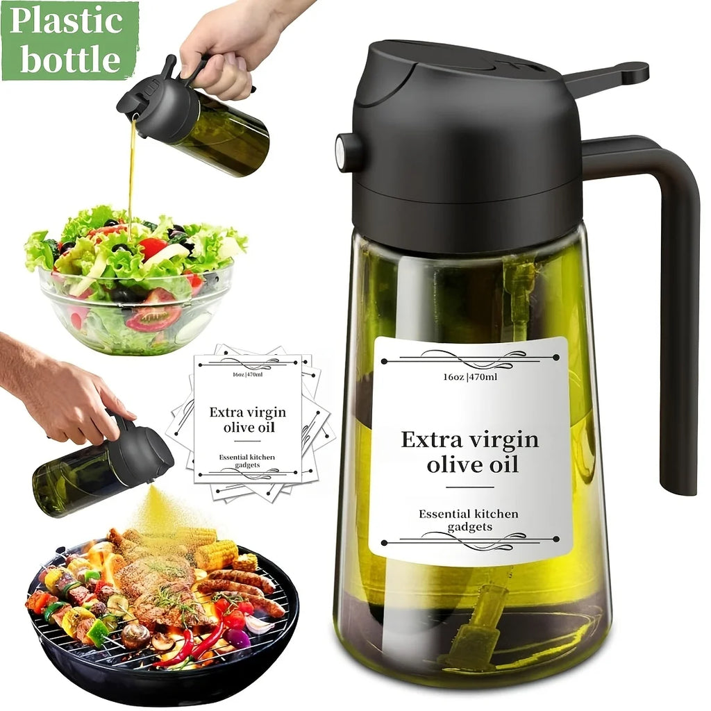1pc 2-in-1 Olive Oil Dispenser & Sprayer, 16oz/470ml Dark Green Bottle, Durable Plastic with 6 Stickers, Kitchen Cooking Gadget Oasis Select