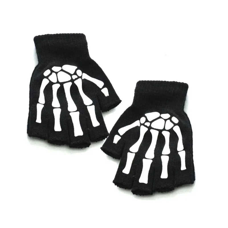 1/2/3/4pairs Adult Kids Halloween Skull Half-Finger Punk Gloves Winter Skull Fingerless Black Gloves Oasis Select 01-1pair