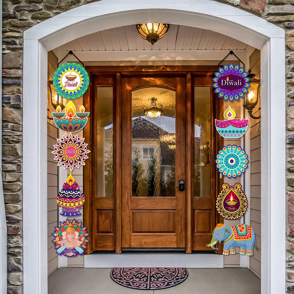 10PCS India Diwali Porch Sign Creative Elephant Couplets Door Hanging India Diwali Party Door Banner Decoration Hanging Flag Oasis Select
