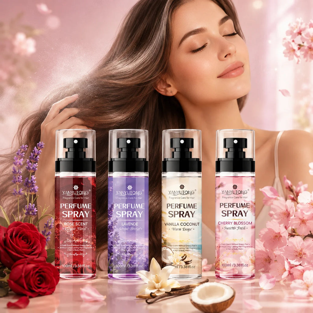Four scented spray options for hair care, featuring long-lasting fragrance, moisturizing and nourishing properties, and a silky, Oasis Select 4PCS
