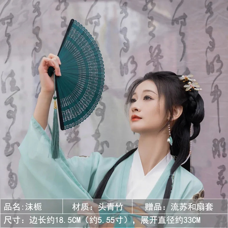 Bamboo Folding Fan Ancient Style Chinese Style Classical Dance Black Fan Summer Portable Folding Fan Oasis Select antique