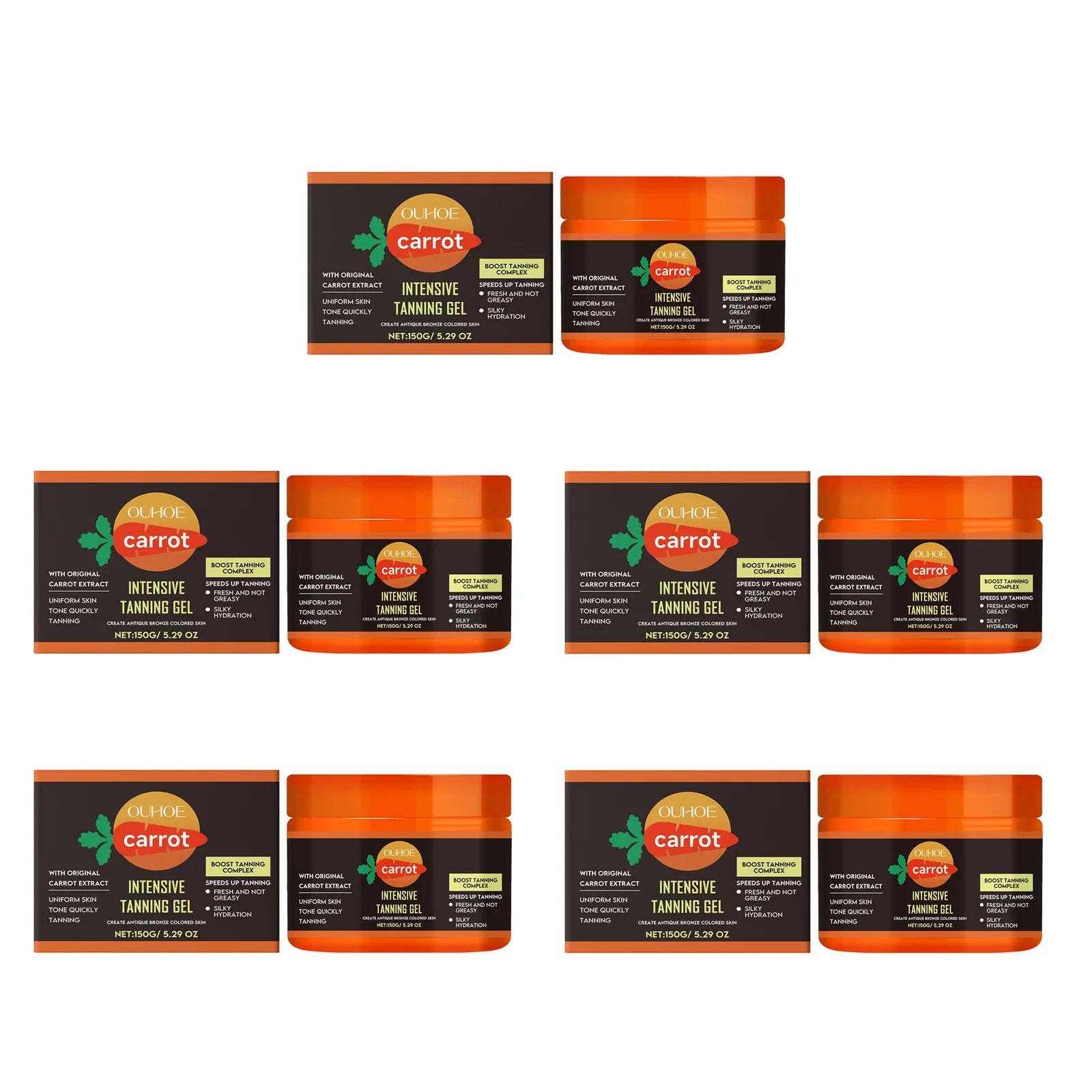 Carrot Tanning Gel Hydrating Lightweight Fast Absorbing Bronzing Gel Moisturizing Natural Sunless Tan Enhancer for Face & Body Oasis Select 5 x 150g Boxed