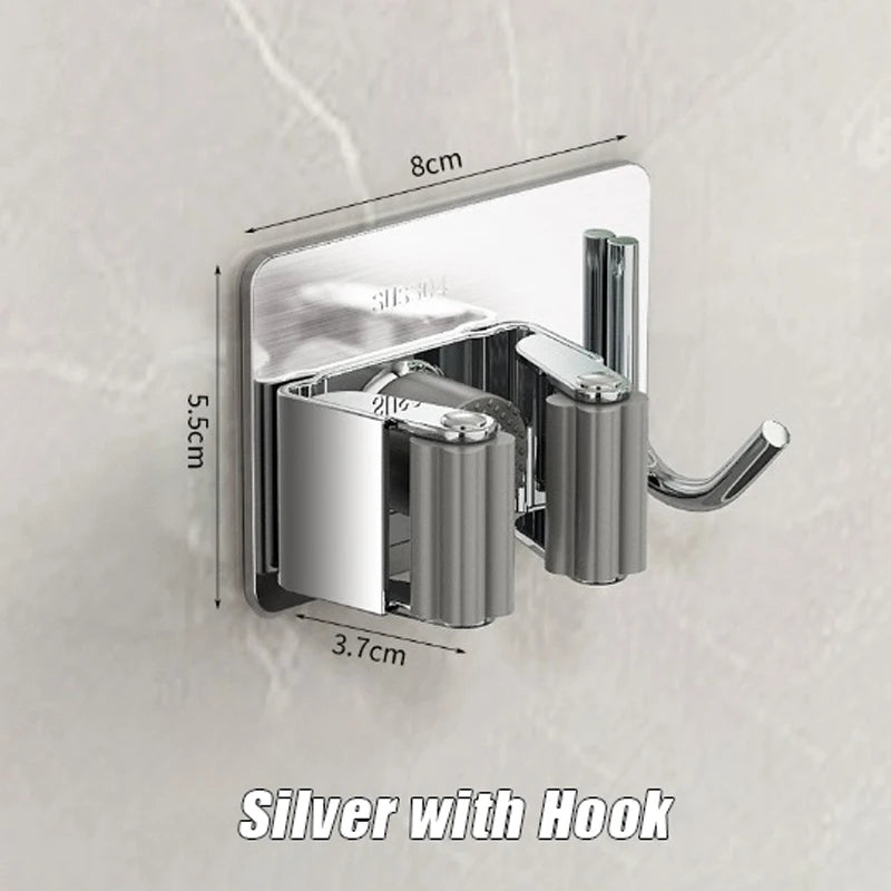 1-3PCS Stainless Steel Household Storage Rack Bathroom Nail-free Hook Wall-mounted Mop Storage Rack Waterproof Broom Rack Oasis Select Silver with Hook