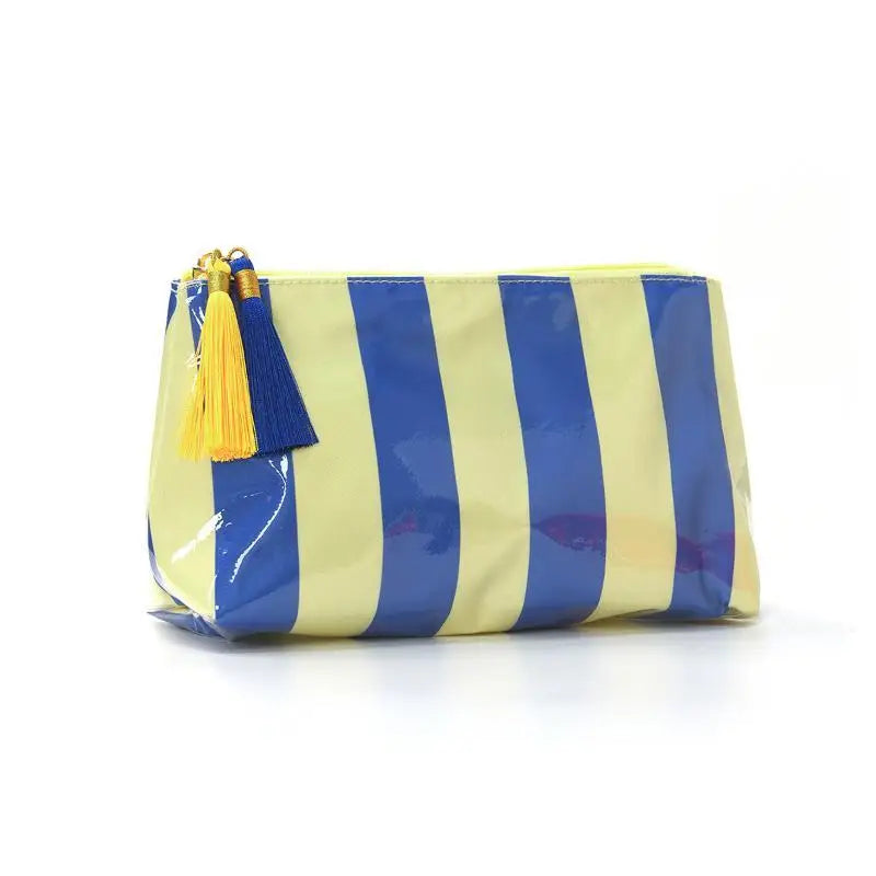 Waterproof Striped PVC Cosmetic Bag with Tassel Zipper