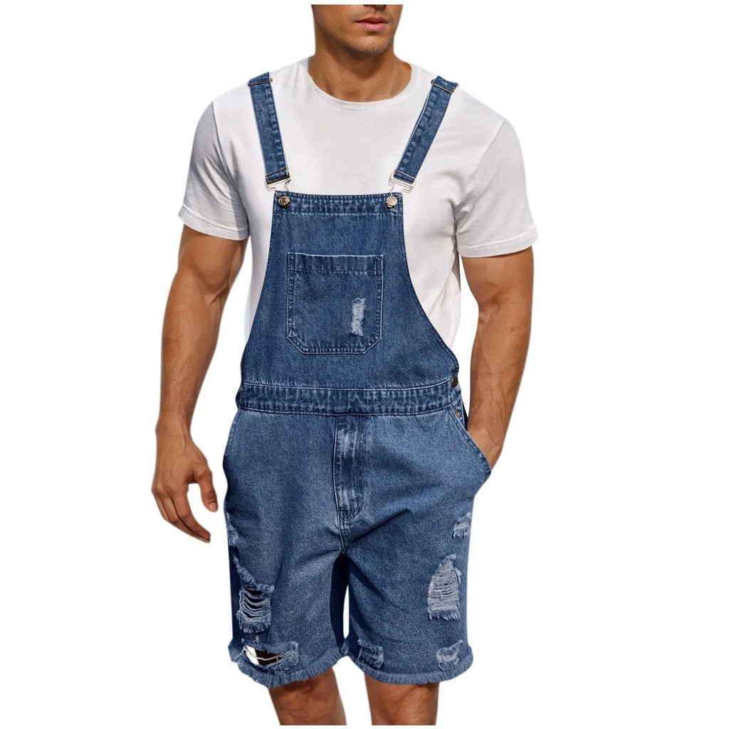 Summer Men's Vintage Jeans Overalls Elastic Denim Jumpsuit With Pockets Men Casual Button Suspenders Short Pants Oasis Select