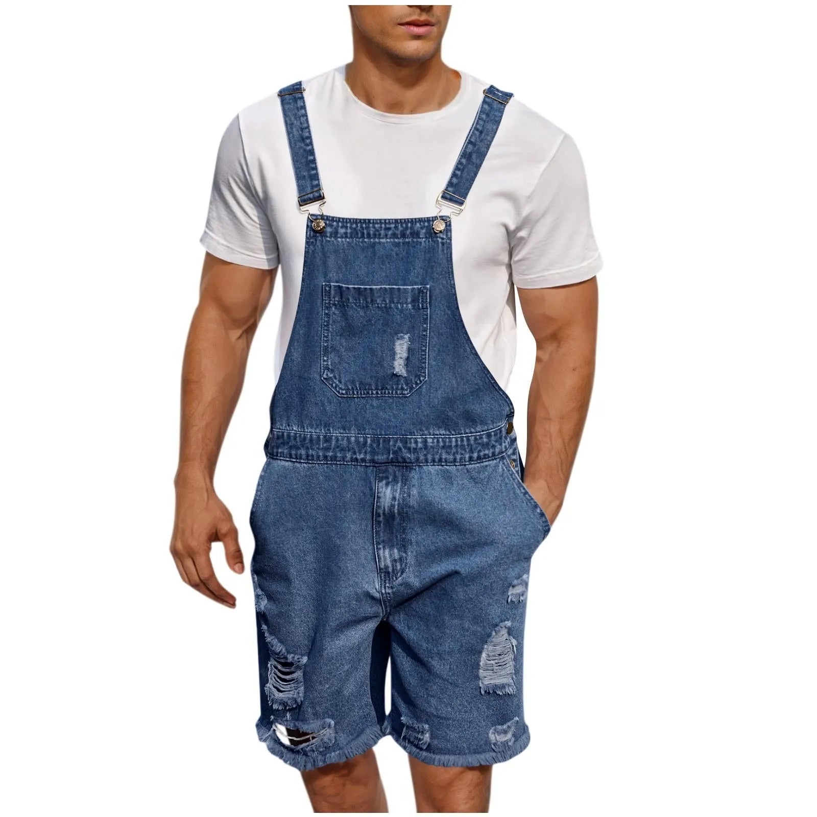 Summer Men's Vintage Jeans Overalls Elastic Denim Jumpsuit With Pockets Men Casual Button Suspenders Short Pants Oasis Select