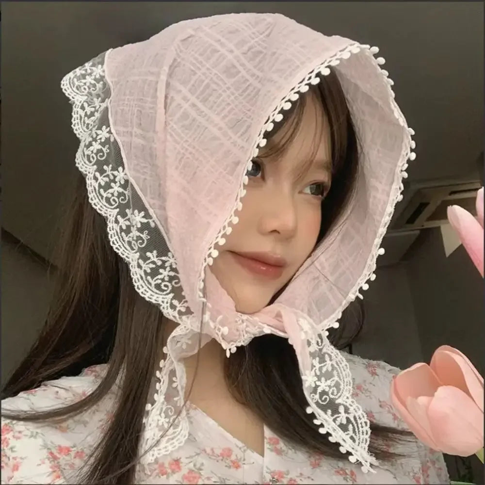 New French Style Triangle Scarf Small Flowers Fabric Turban Bandana Hair Accessories Lace Hair Bands for Spring Summer Oasis Select pink