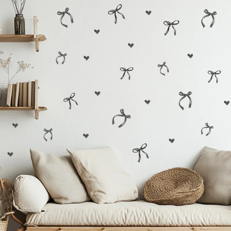 Cute Pink Bow Wall Stickers Boho Bowknot Bedroom Decorative Wall Stickers Love Heart Bow Fridge Stickers DIY Home Decoration Oasis Select Black-C