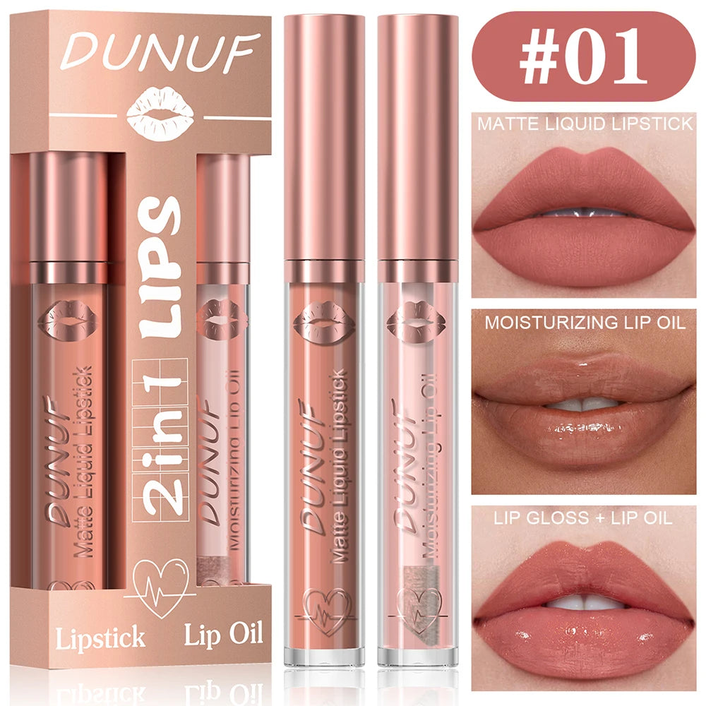 DUNUF Lip Gloss And Lip Oil Set 2-Piece Long-Lasting Waterproof Matte Moisturizing Non-Fading Lipstick Collection Oasis Select 01