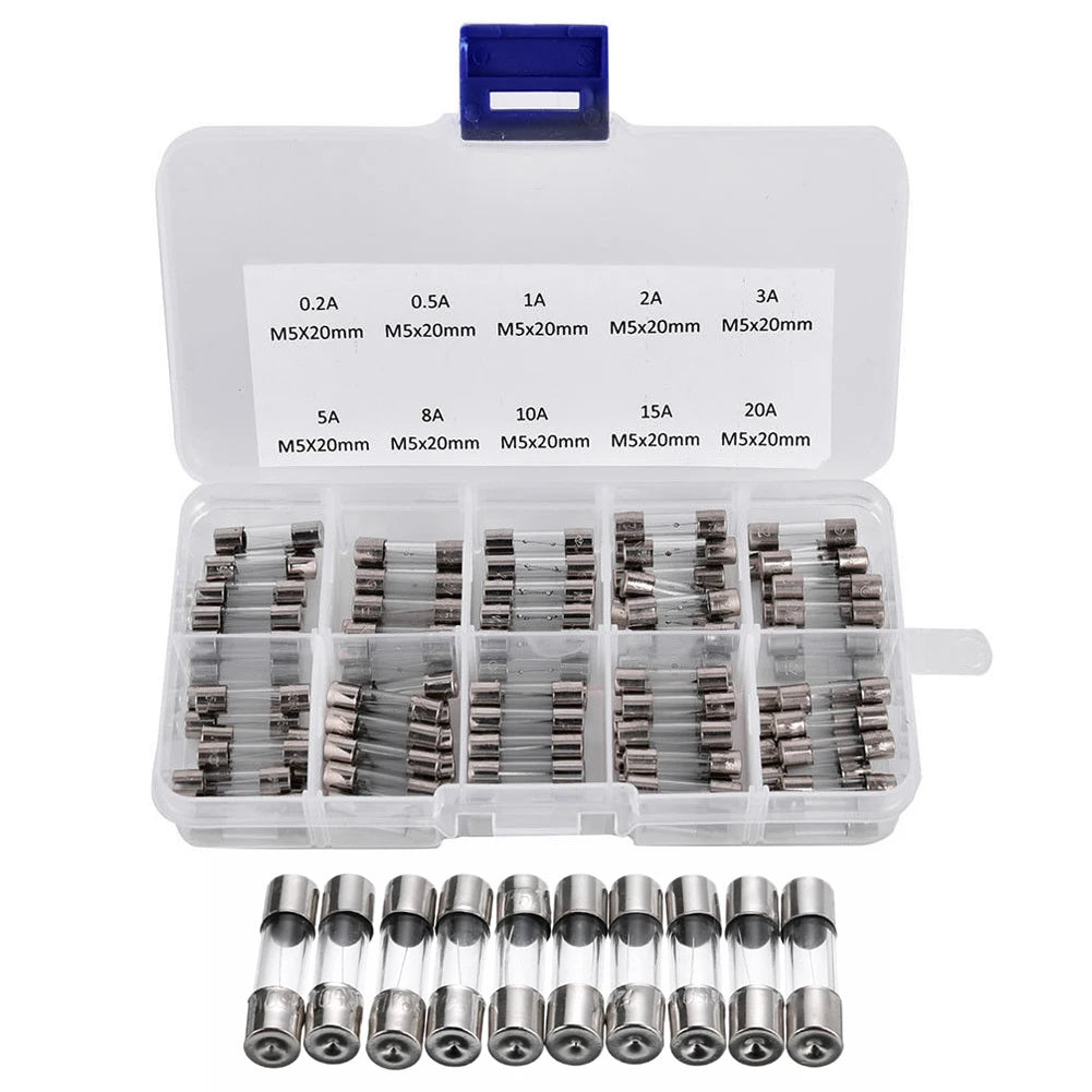 100-Piece Glass Tube Fuse Kit 0.2A–20A 250V Fast-Blow 5×20mm Glass Tube Fuse Kit Oasis Select