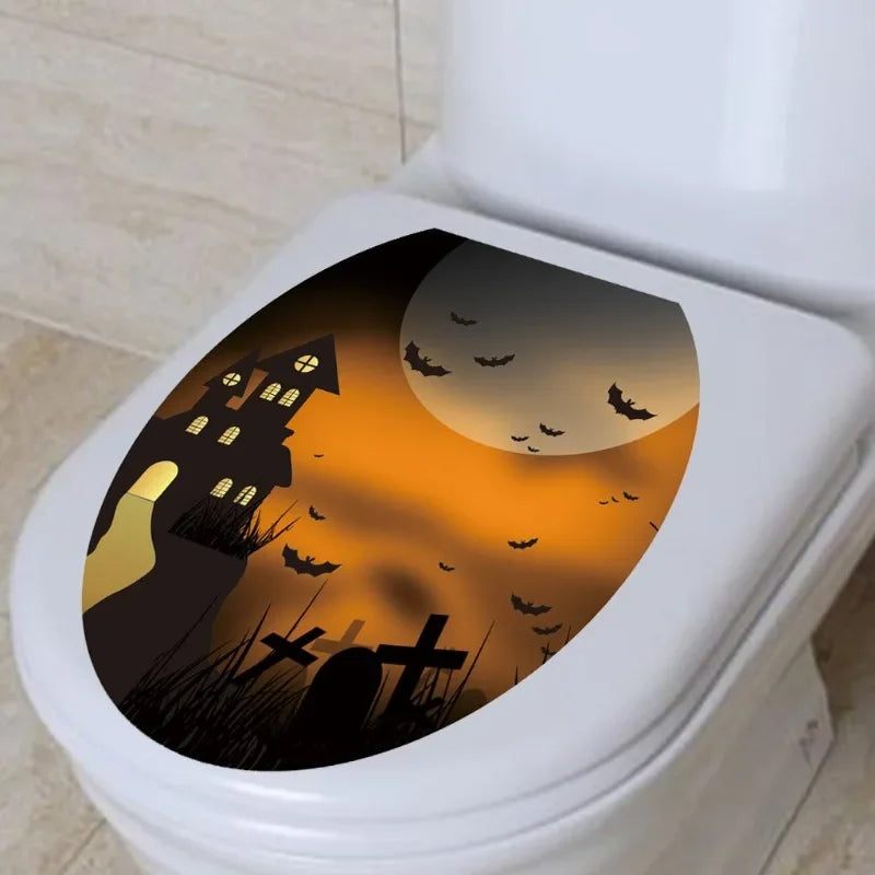 Halloween Toilet Lid Sticker Scary Pumpkin Haunted House Bathroom Decoration Wall Decals Poster Party Decoration Self Adhesive Oasis Select