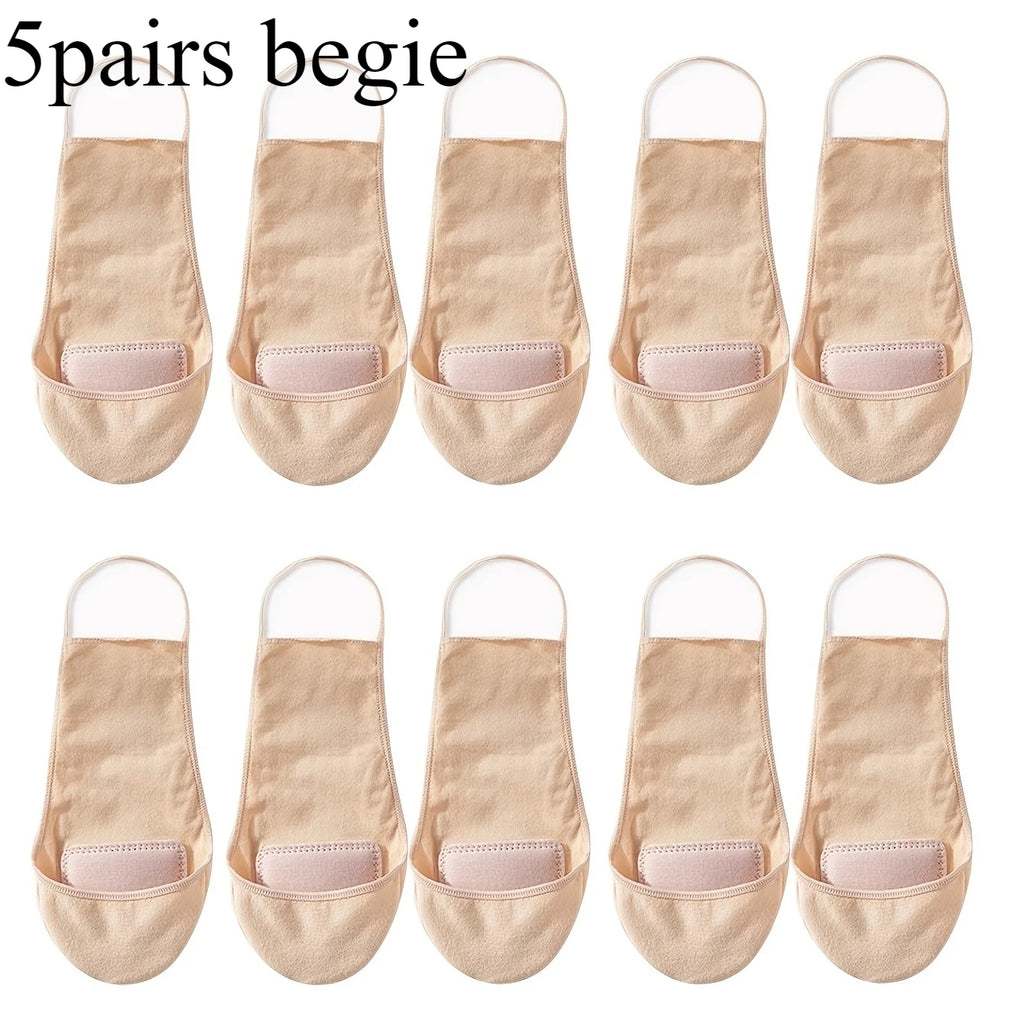 5 Pairs Women Invisible Boat Socks, summer thin shallow mouth design. Anti-slip half sole, heel drop-proof, comfortable socks Oasis Select 5pairs-begie One Size