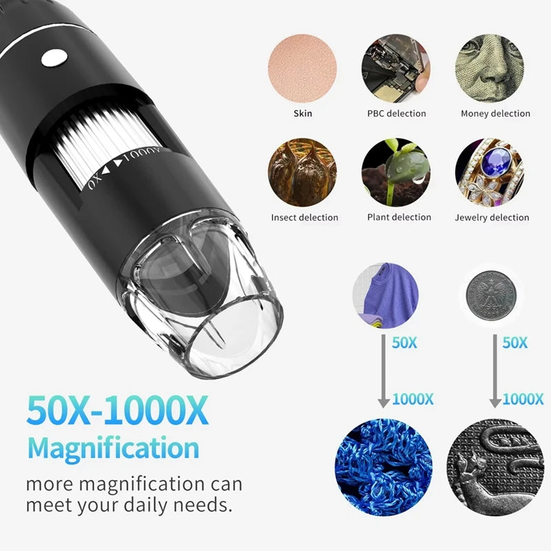 WISH Digital Microscope Handheld USB HD Inspection Camera 50X-1600X With Stand 8 LED Portable Microscopes For PC Smartphone Oasis Select