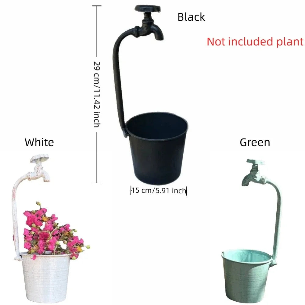 Rustic Metal Faucet Flowerpot | Vintage Iron Flower Bucket