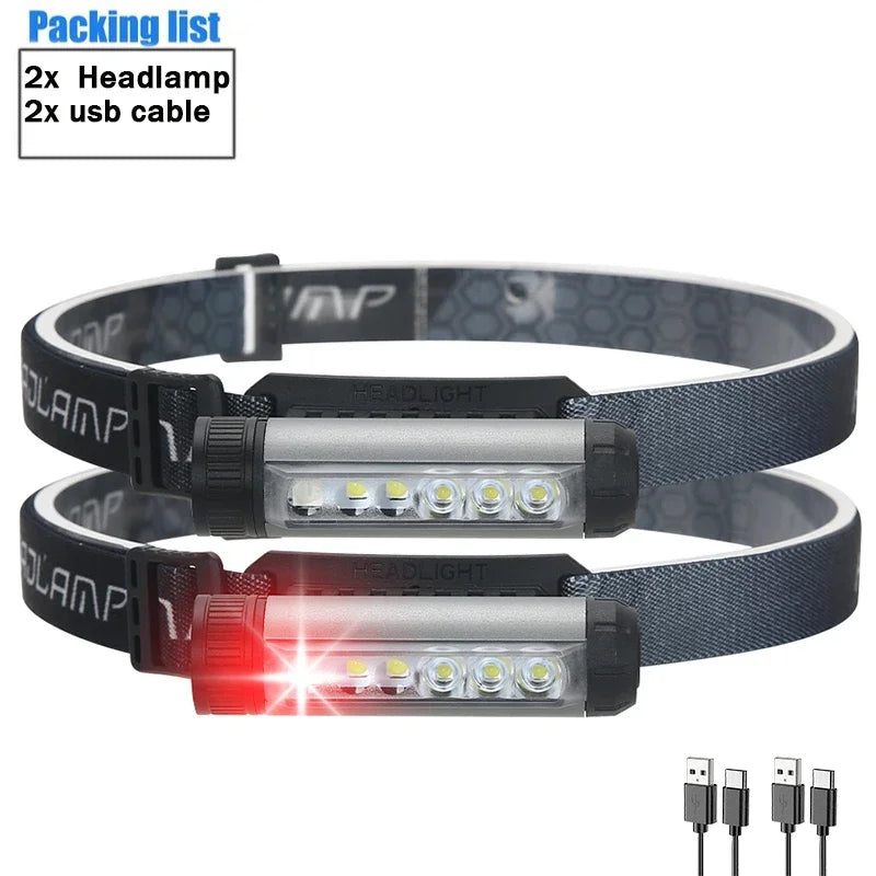 Powerful COB Headlamp Portable Rechargeable Head Flashlight Built-in Battery Outdoor Fishing Camping Lantern Waterproof Torch Oasis Select Grey 2 PCS