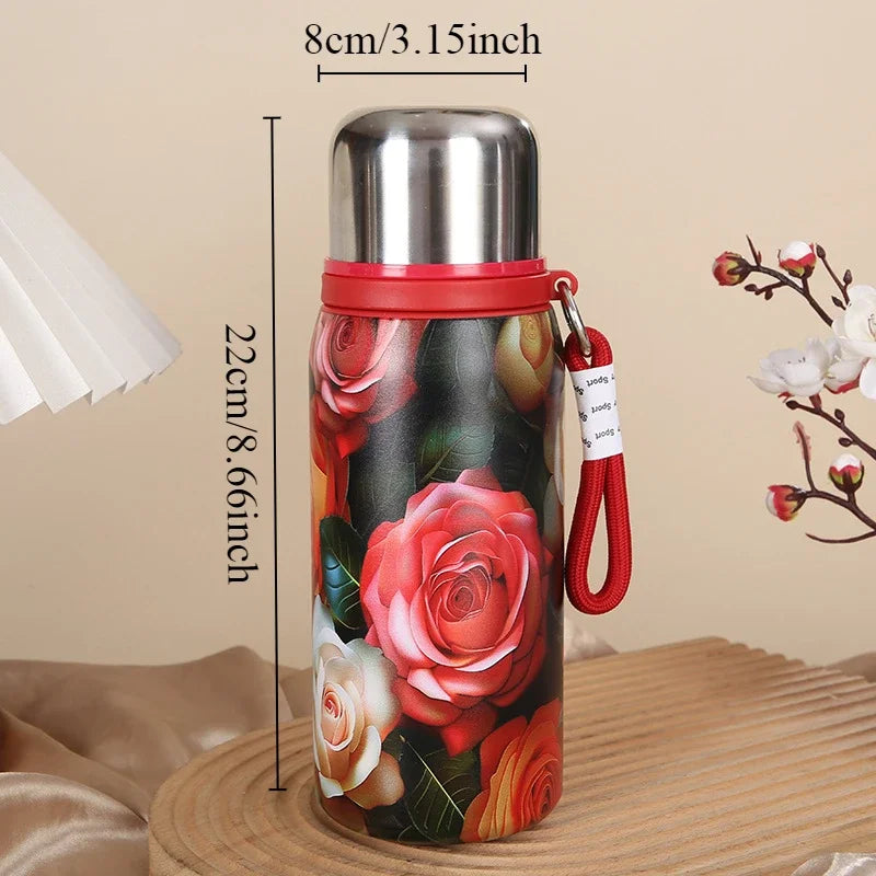Retro Chinese Rose Printed Stainless Steel Insulated Cup Large Capacity Portable Car Insulated Water Cup Oasis Select rose 600ml 501-600ml