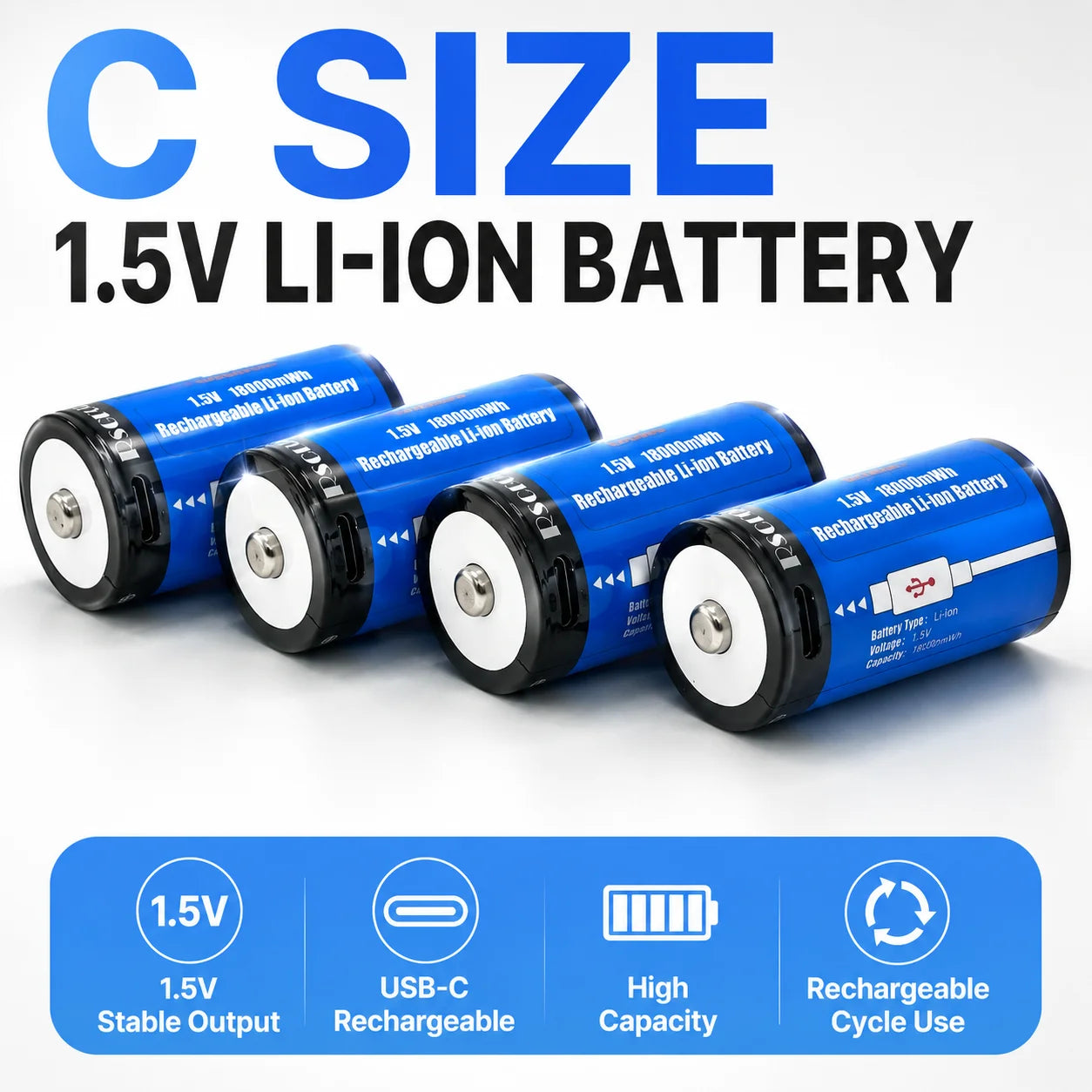 USB-C Rechargeable C Size Li-ion Battery 1.5V LR14 High Capacity with over 19000mWh Long Lasting for Flashlight Toys Lanterns Oasis Select
