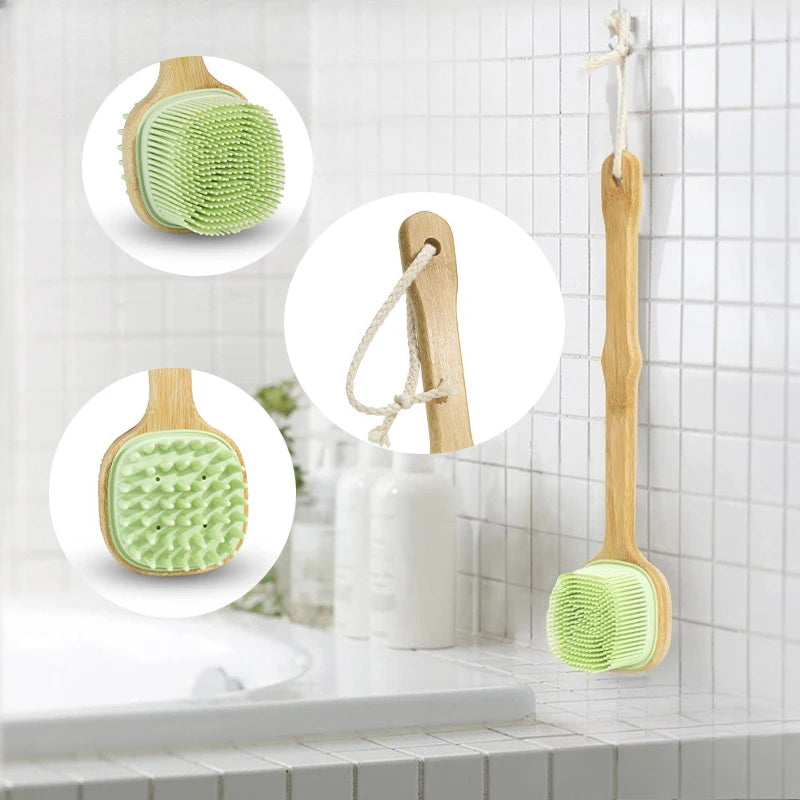 Soft Silicone Body Cleansing Brush Detachable Long Wooden Handle Design Bath Grooming Tool Gentle Exfoliating Accessory Oasis Select