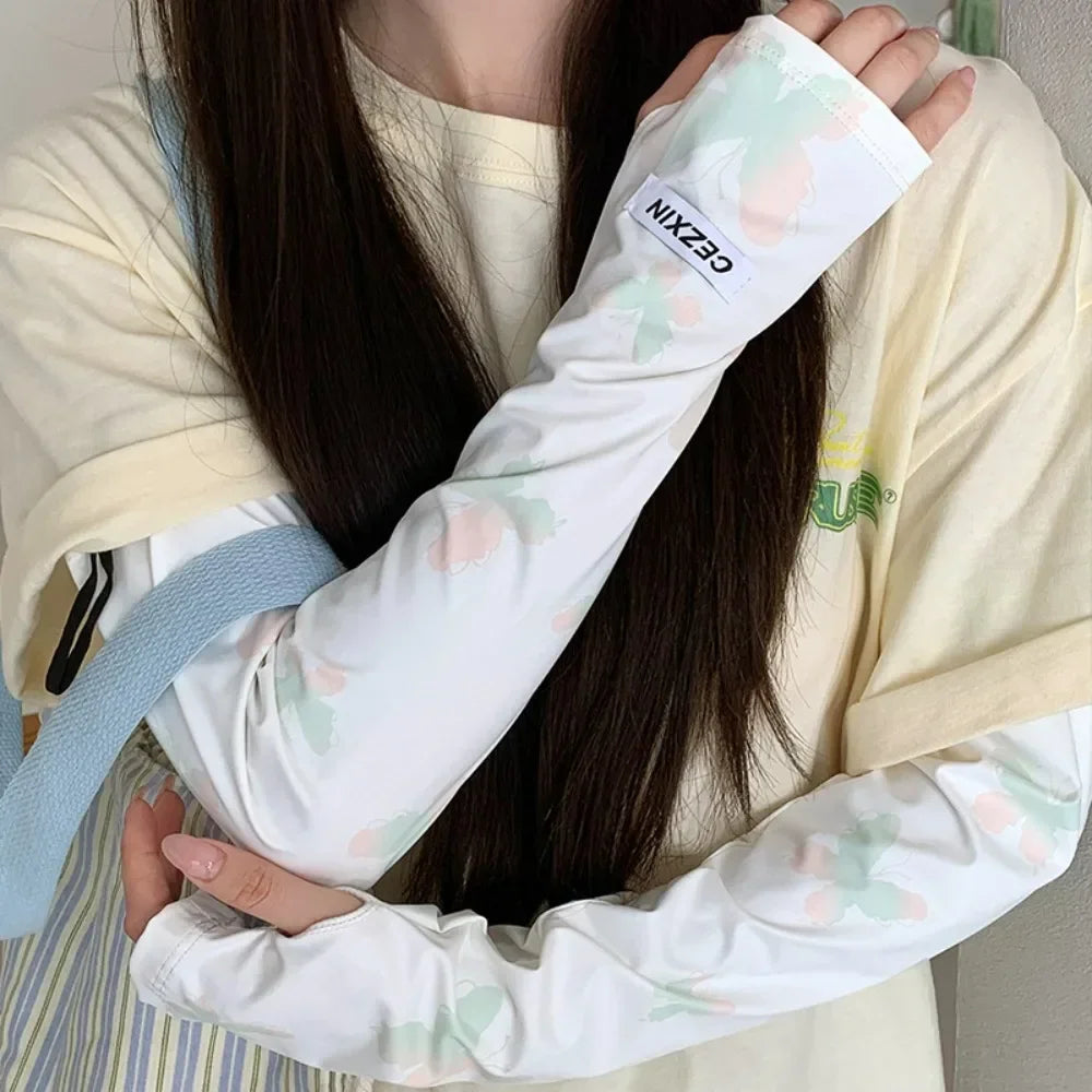 1 Pair Lightweight Sun Protection Arm Covers Loose Fit Cool Ice Silk Arm Guard Cuff Polyester Solid Color Ice Sleeve Oasis Select Green 2