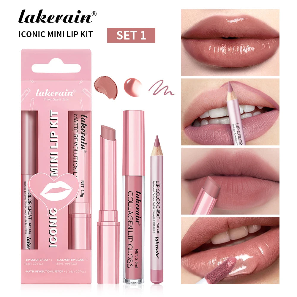 3pcs Lip Makeup Set Lip Liner Lip Gloss Lipstick Mirror Effect Beep Lips High Color Long-lasting Hydrates Travel Mini Set Oasis Select set 1