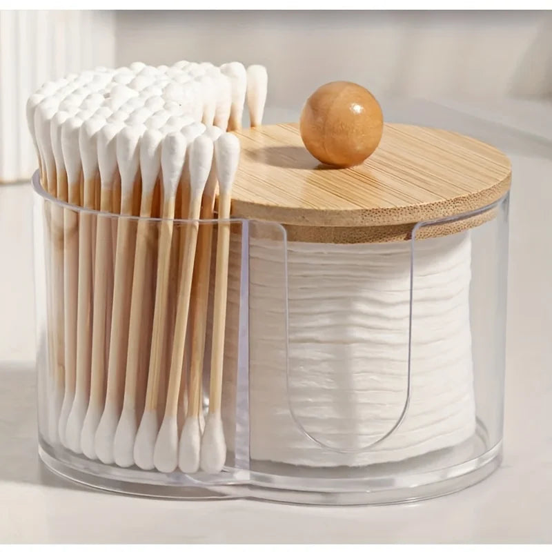 2-in-1 Clear Cotton Pad Swab Organizer Bamboo Lid Dual Compartment Space Saving Bathroom Vanity Storage Box with Bamboo Cover Oasis Select