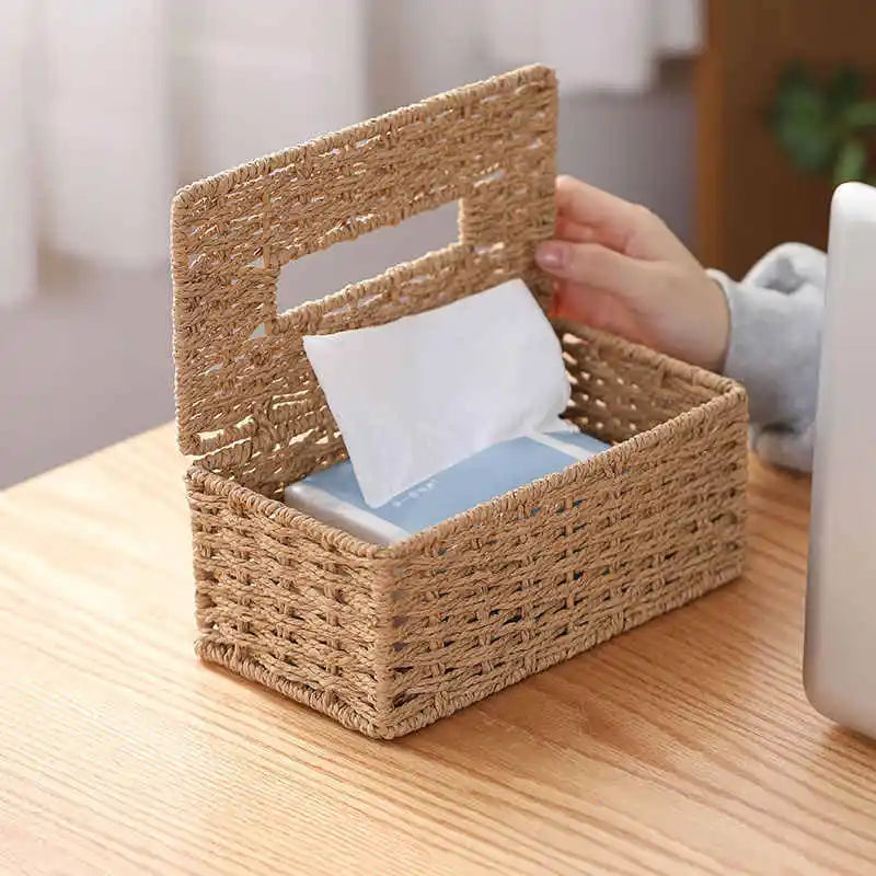 Woven Tissue Storage Box Imitation Rattan Woven Grass Tissue Box Luxury Tissue Paper Holder Home Living Room Table Decoration Oasis Select