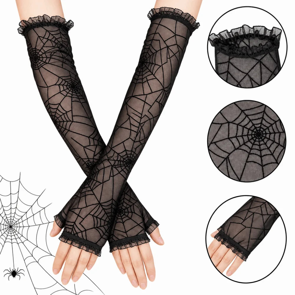 Fashion Spider Web Lace Fingerless Gloves Half Finger Mesh Mittens Lace Long Arm Sleeves Ruched False Cuffs Cosplay Party Oasis Select