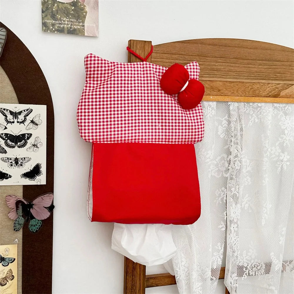 Portable Hanging Tissue Case Red Plaid Fabric Bow Tissue Box Living Room Container Home Car Towel Napkin Papers Bag Home Decor Oasis Select