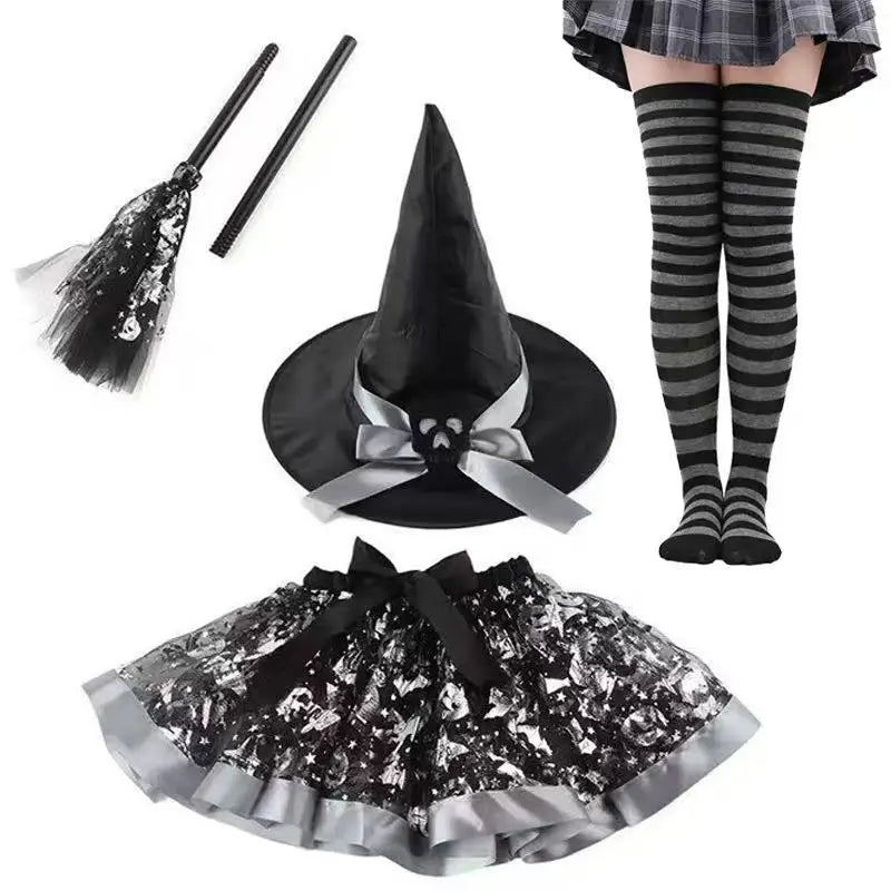 Halloween Party Witch Costume Set for Adults - Tulle Skirt + Witch Hat + Bat Accents, Purple Witch Outfit Oasis Select Silver Skull one size fits all