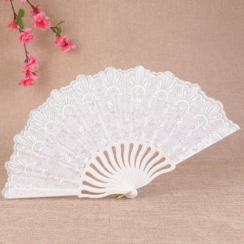 Little Flower Rose Folding Fan Ancient Style Held Dance Fans Party Wedding Prom Dancing Summer Fan Accessories Oasis Select White-1pc