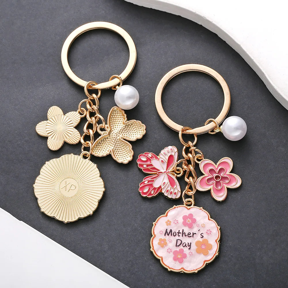 Drop Oil Pink Butterfly Flowers Pearl MOTHER'S DAY Keychain Accessory Pendant Mother's Holiday Gift Key Chains for Women Oasis Select