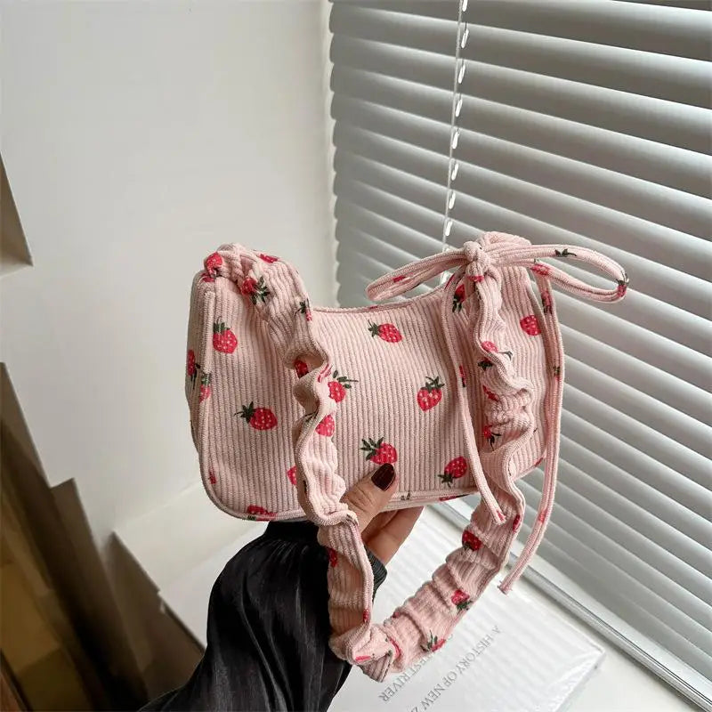 Corduroy Mini Shoulder Bag | Strawberry Print Half Moon Tote