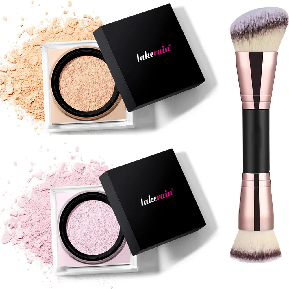 2 Count Loose Setting Powder & Brush Long Lasting Waterproof Oil Control Matte Natural Brightening Face Powder Cosmetics Oasis Select