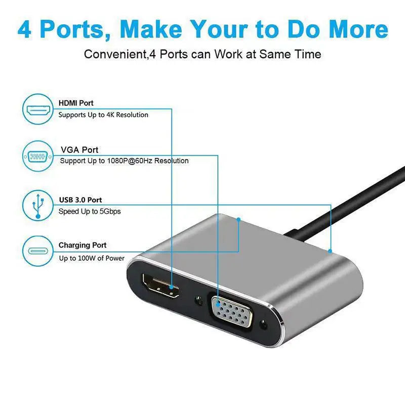 4 in 1 USB C Hub Docking Station Type C to 4K HDMI HDTV VGA USB 3.0 PD Fast Charge Splitter for MacBook Notebook Laptop Computer Oasis Select