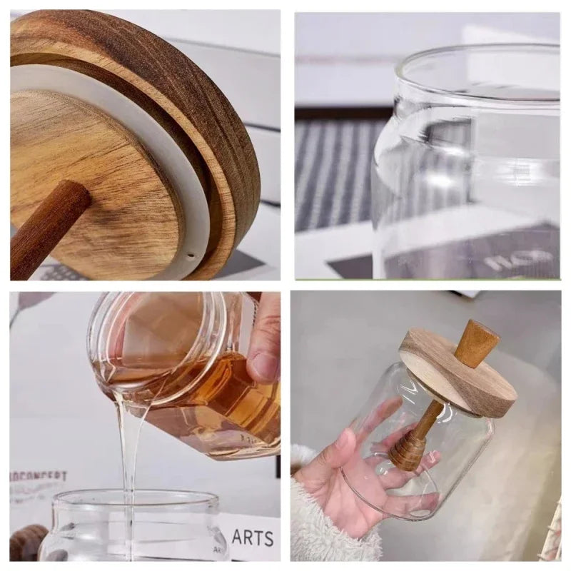 500ML High Borosilicate Glass Sealed Tank Honey Jar with Wooden Lid Mixing Rod Wood Dip Sticks Transparent Home Sealed Jars Oasis Select
