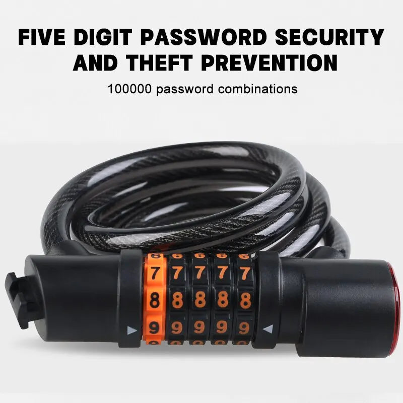 Bicycle Lock with Tail Light 5-Digit Security Password Bike Lock Steel Cable Chain Anti-theft Bicycle Bike Accessories Oasis Select