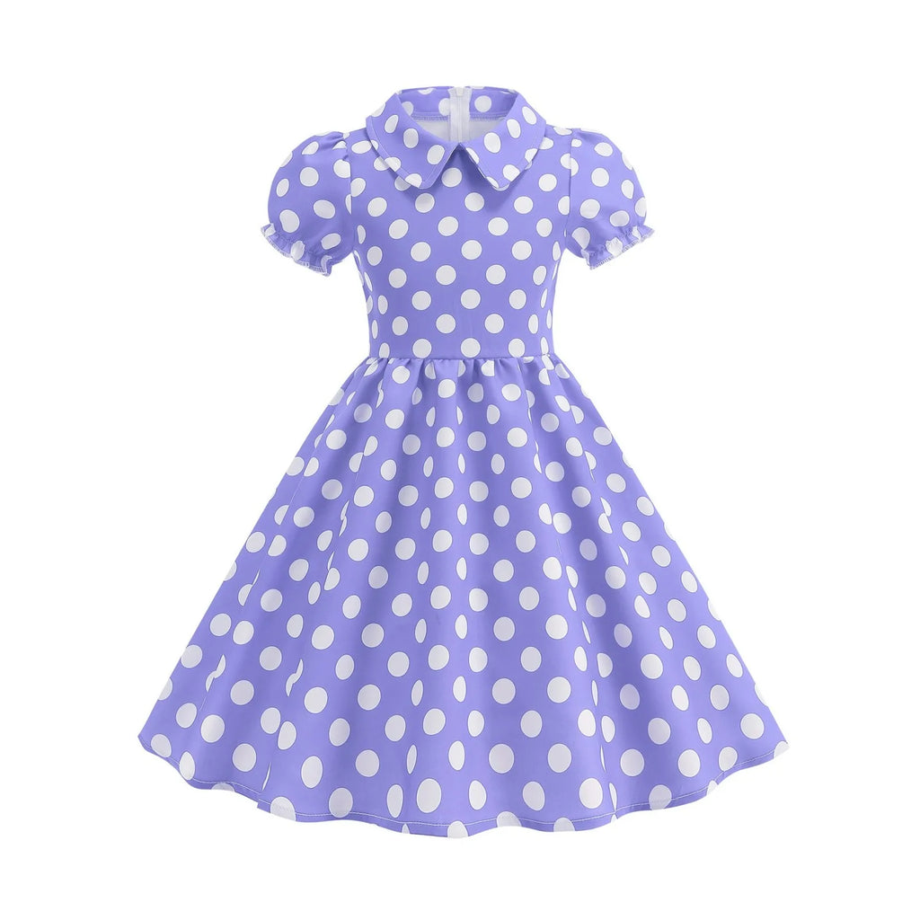 2025 Children Little Girl Vintage Summer Short Dress Turn Down Collar Polka Dot Print Cotton Princess Cocktail Dresses 1950s 60s Oasis Select Purple 130
