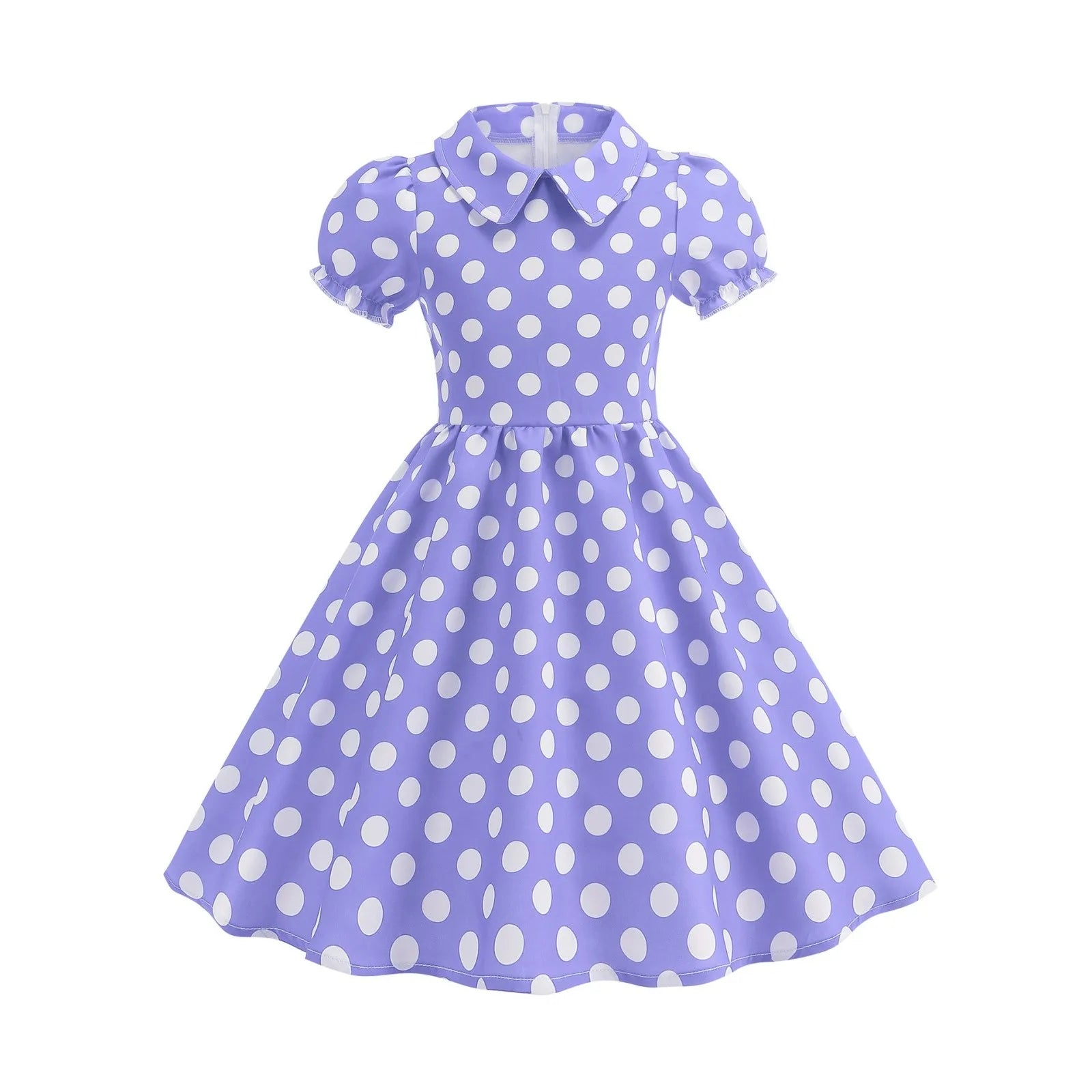 2025 Children Little Girl Vintage Summer Short Dress Turn Down Collar Polka Dot Print Cotton Princess Cocktail Dresses 1950s 60s Oasis Select Purple 130