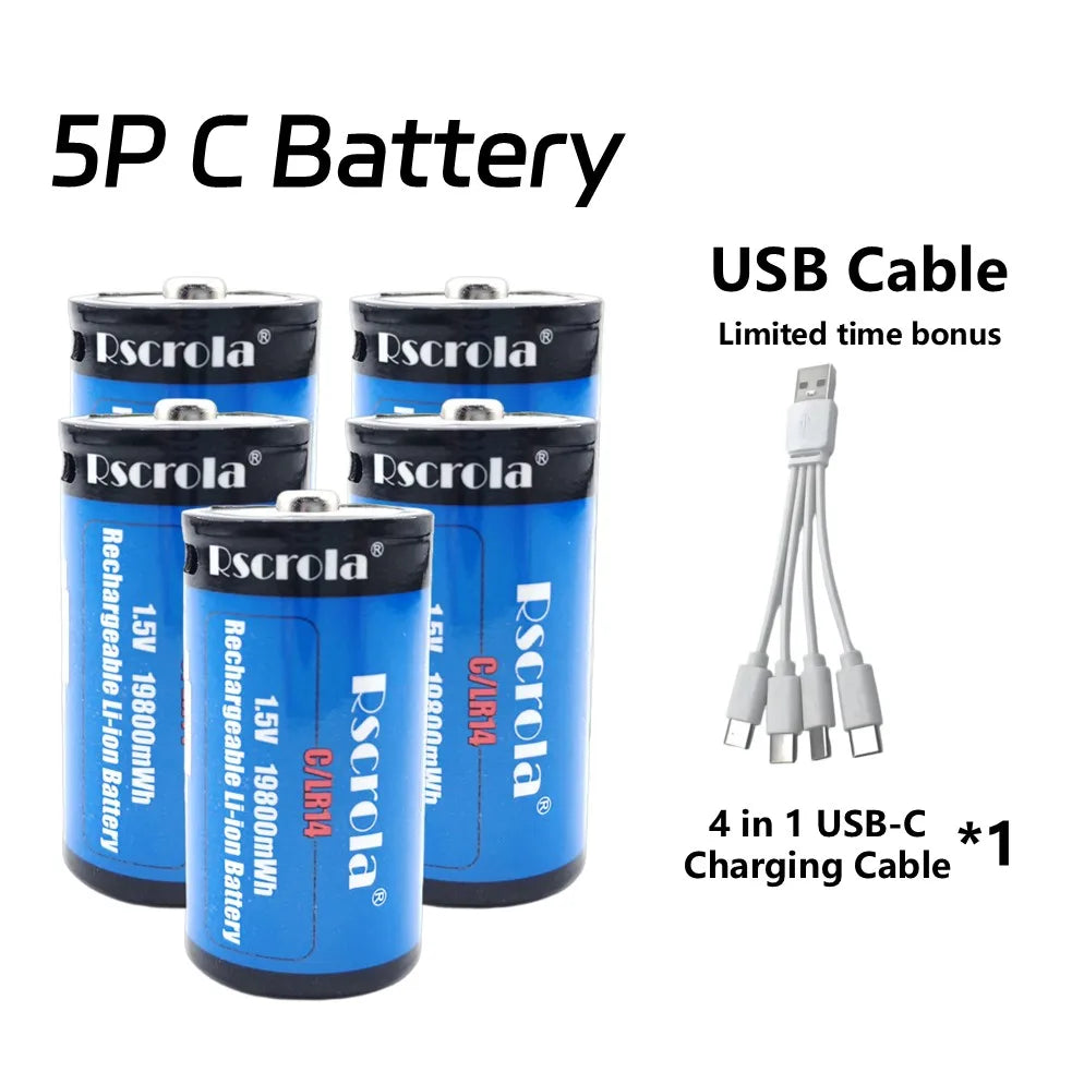 USB-C Rechargeable C Batteries, 19800mWh 1.5V C Batteries, Fast Charging 2 Hours, Replace LR14 Battery for Speakers & Doorbells Oasis Select 5P C Battery