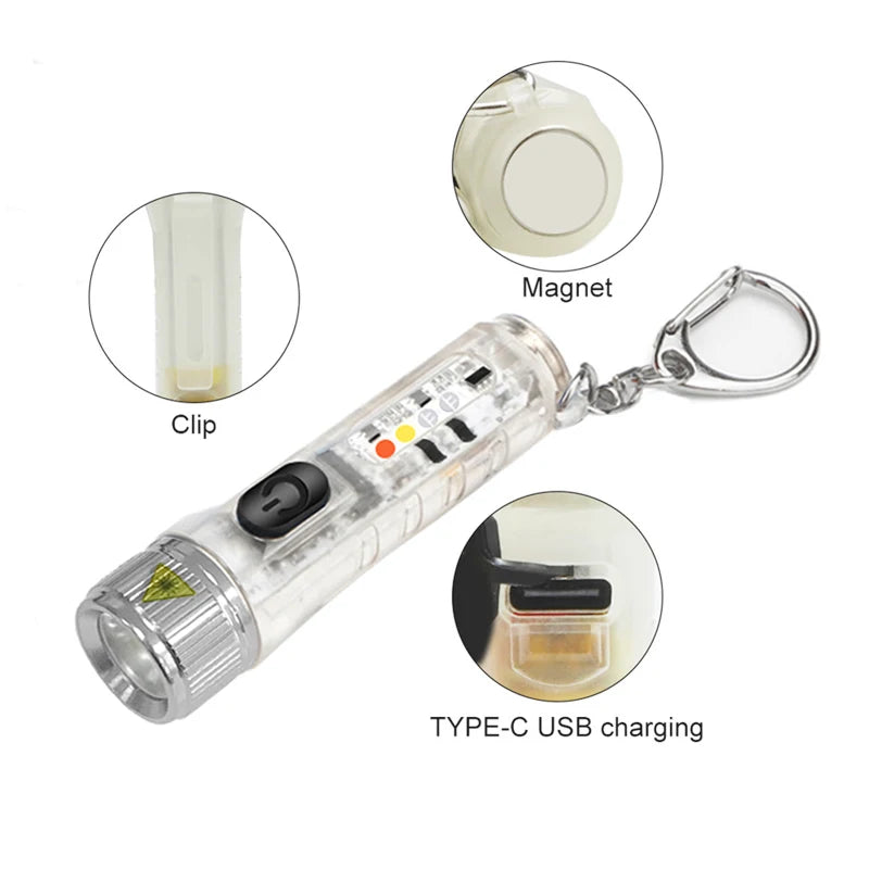 Mini Keychain LED Flashlight Multi-function Camping Flash Torch TYPE-C Fast Charging IP66 Waterproof Fluorescent Magnetic Warnin Oasis Select