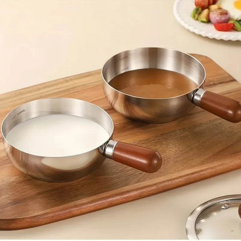 1pcs Heatproof Wood Handle Stainless Steel Milk Pot Non-slip Bottom Even Heating & Induction Cooker Available Oasis Select
