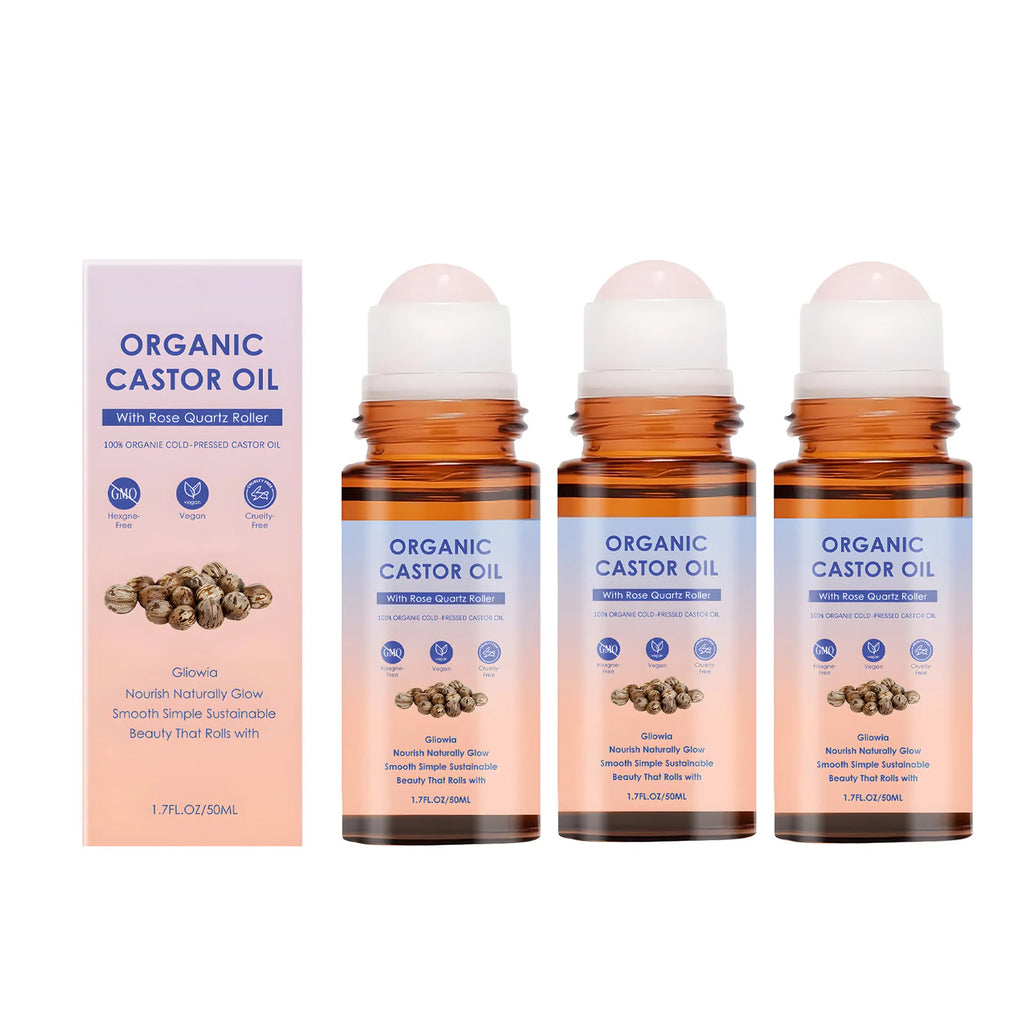 Organic Castor Oil Rose Quartz Roller Ball, 100% Pure Cold-Pressed Hexane-Free, for Body, Eyebrows & Skin Massage Care Oil Oasis Select 3pcs