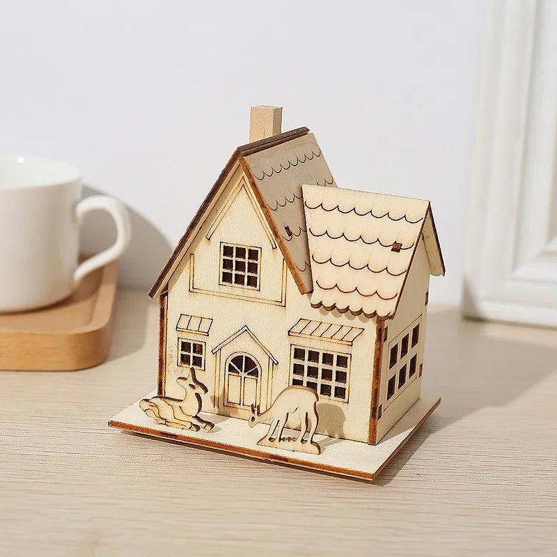 DIY Merry Christmas Decorations Mini Wooden House Luminous Cabin Christmas Tree Hanging Xmas Ornaments New Year Kids Gift Oasis Select