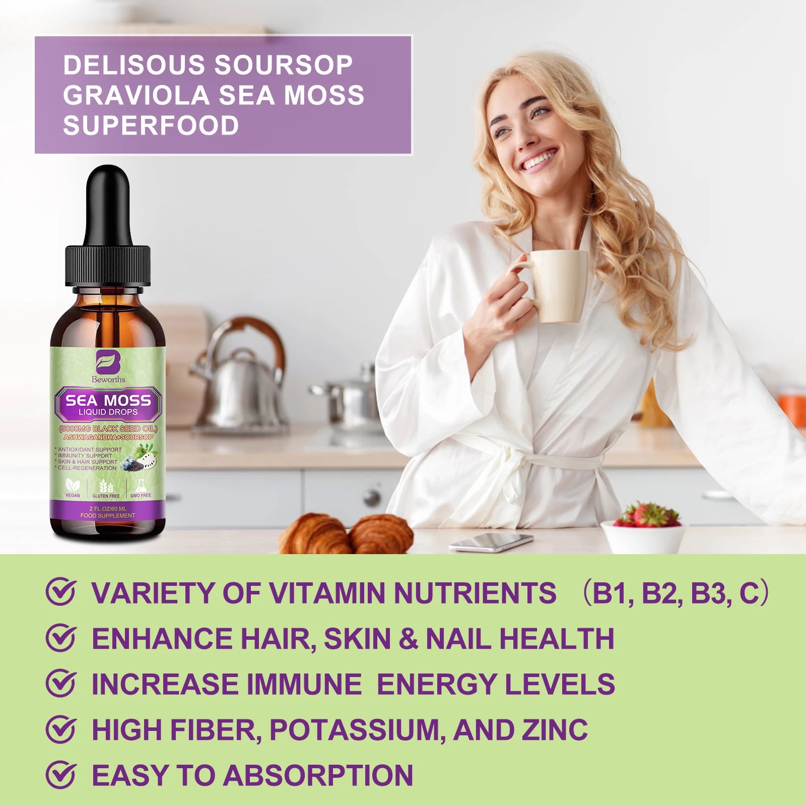 BEWORTHS 60ML Sea Moss Extract Drop Support Immunity and Kidney Health, Promote Digestion and Antioxidation Oasis Select