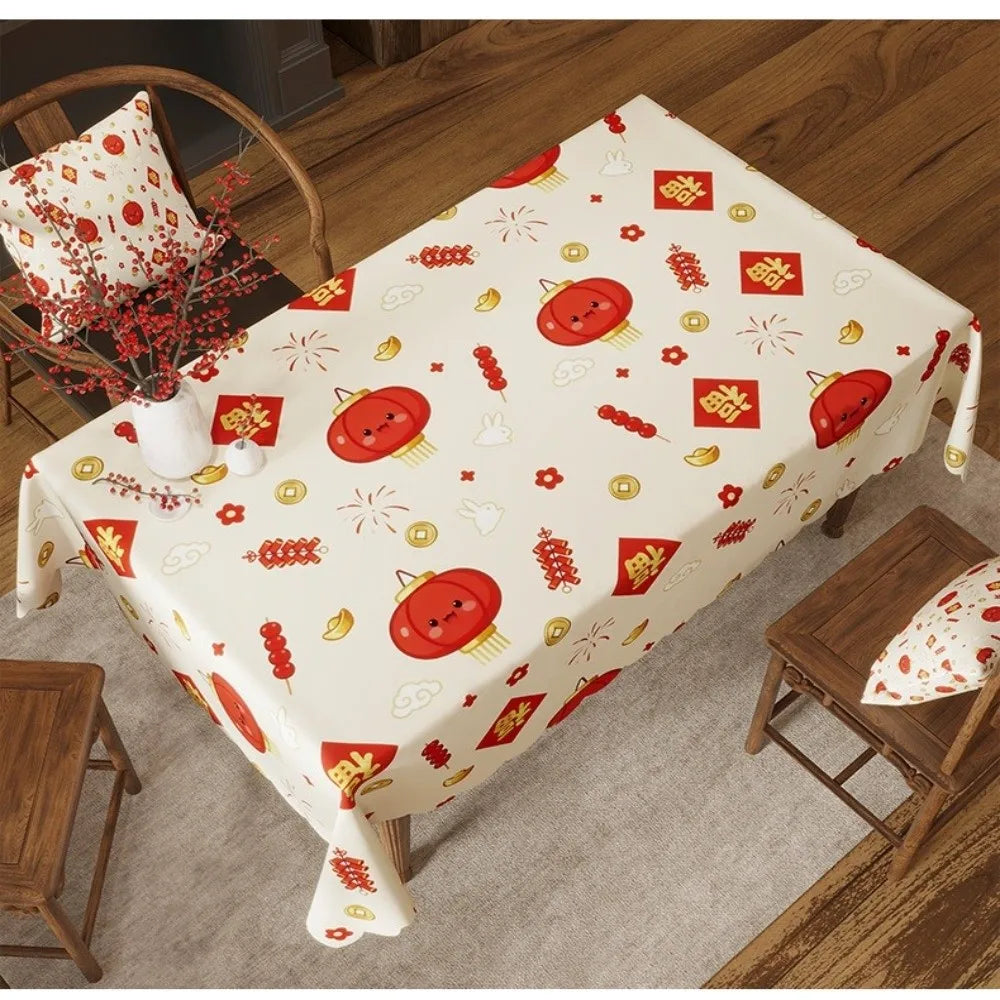 Waterproof New Year Tablecloth Stain Resistant Washable Table Cover Cartoon Light Luxury Decorative Tablecloth Oasis Select