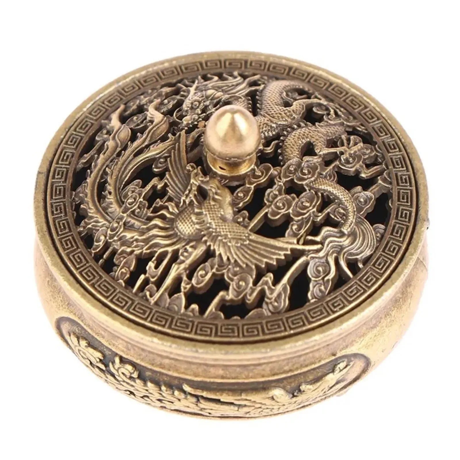 Antique Brass Hollow Dragon Phoenix Incense Burner Incense Mini Ornaments for Home Chinese Ancient Tea Desk Decor Indoor Perfume Oasis Select