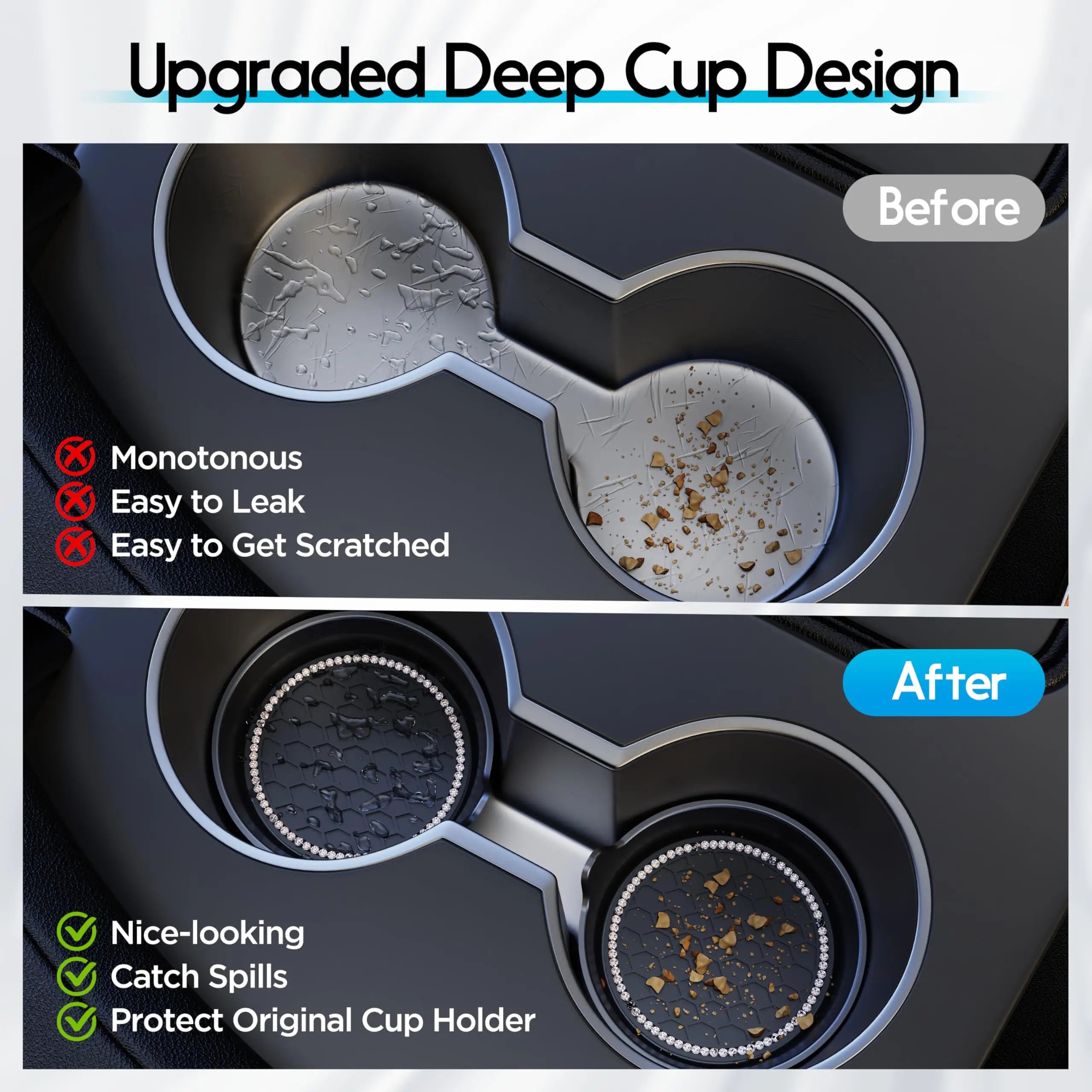 Rhinestone Car Cup Holder Coasters | Non-Slip Silicone Inserts