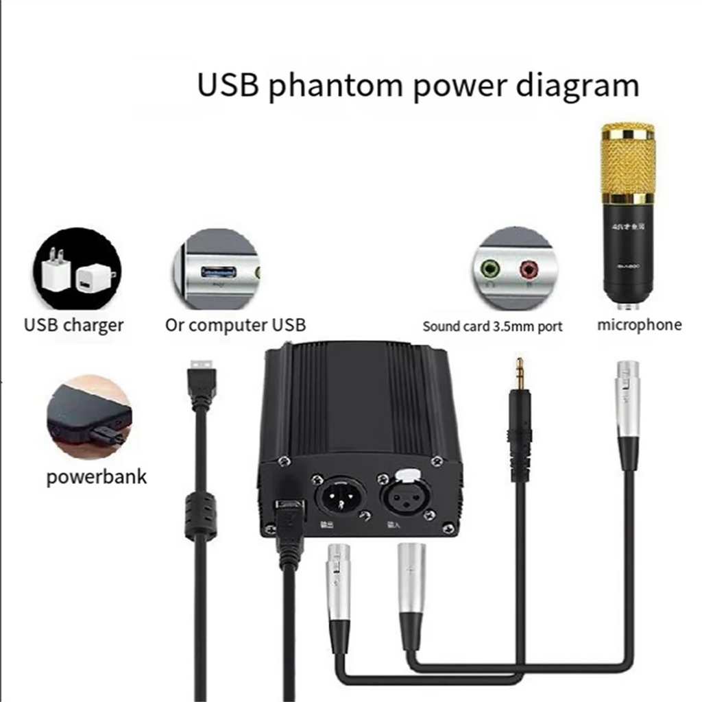 1-Channel 48V Phantom Power Supply with XLR 3 Pin Microphone Cable for Condenser Microphone Music Recording Equipment Oasis Select